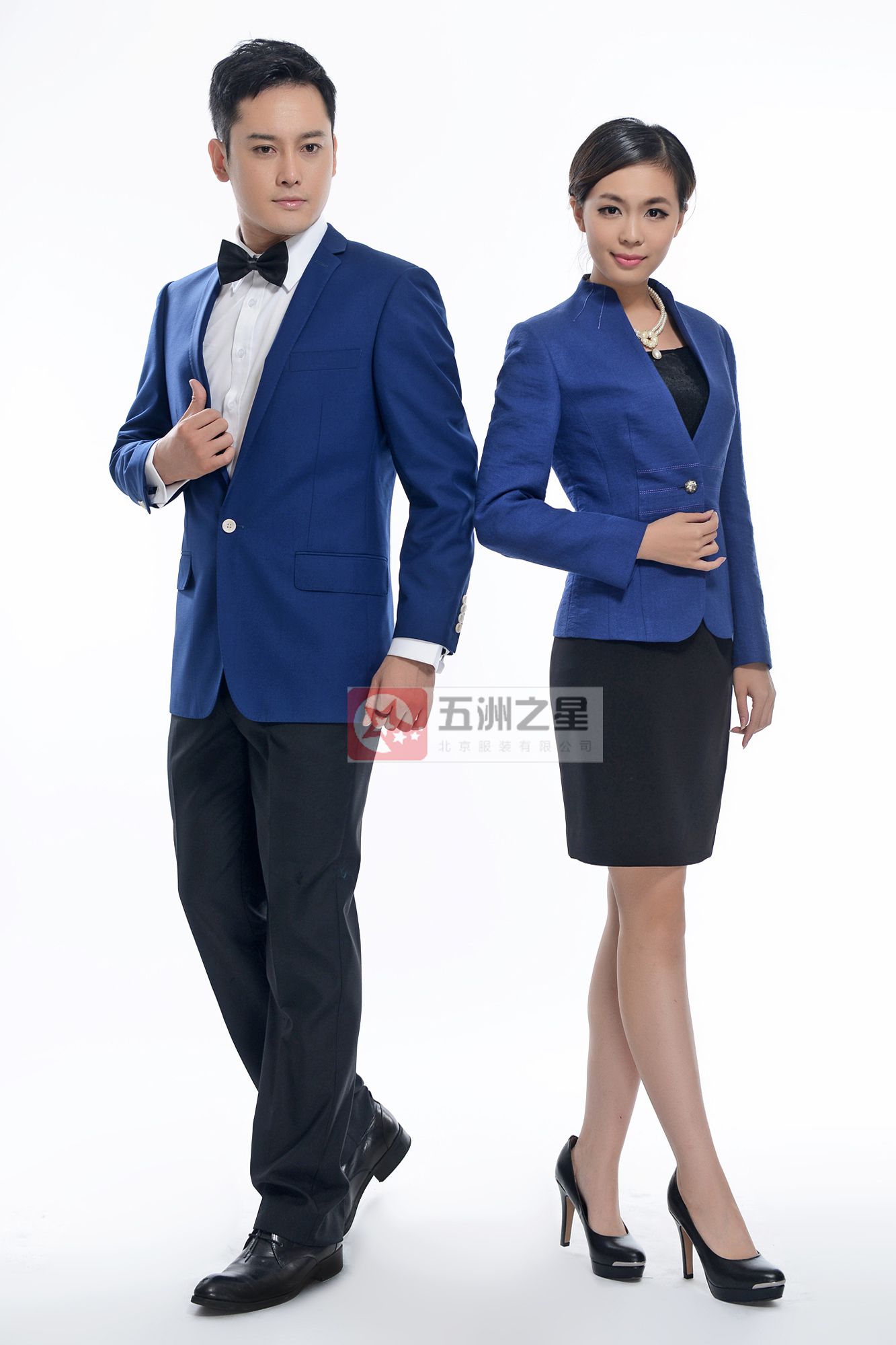 藍色一粒扣職業工作服定做模特圖